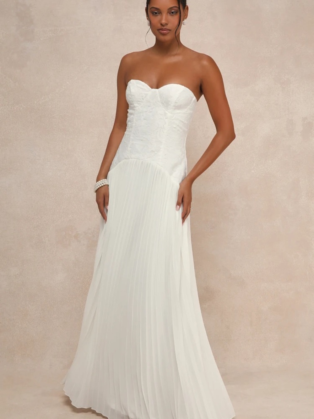 Lulus Divine Devotion White Embroidered Pleated Strapless Maxi Dress